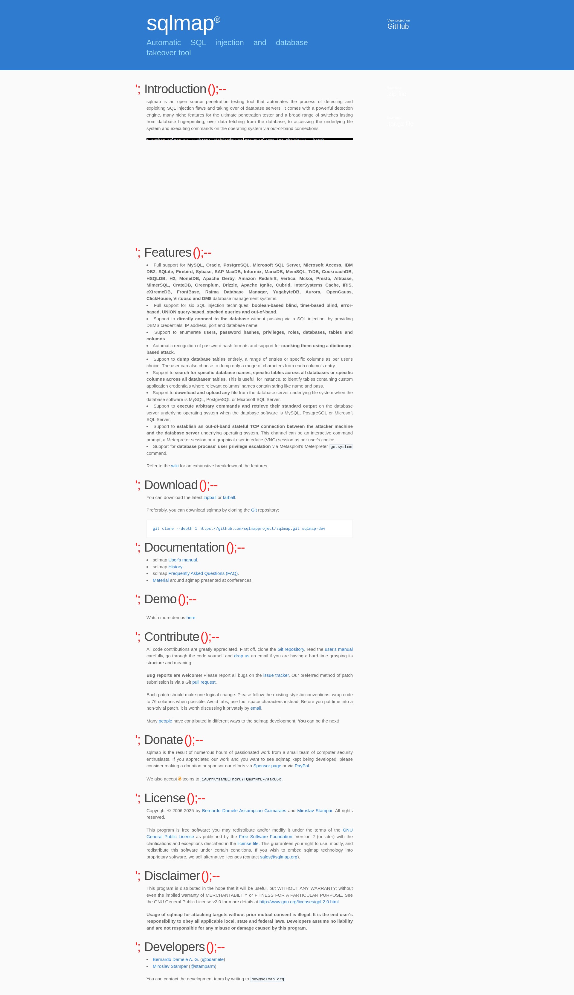 sqlmap: automatic SQL injection and database takeover tool