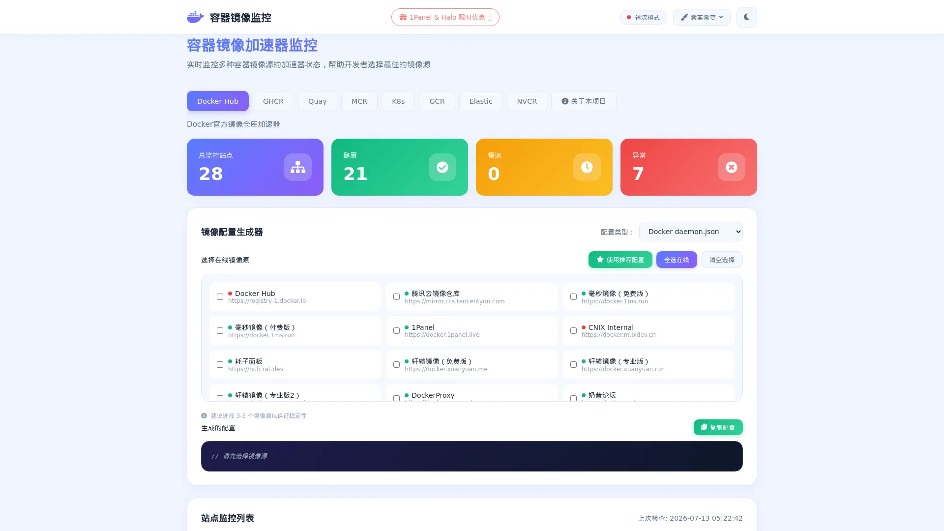 国内 Docker 服务状态 &amp; 镜像加速监控 screenshot