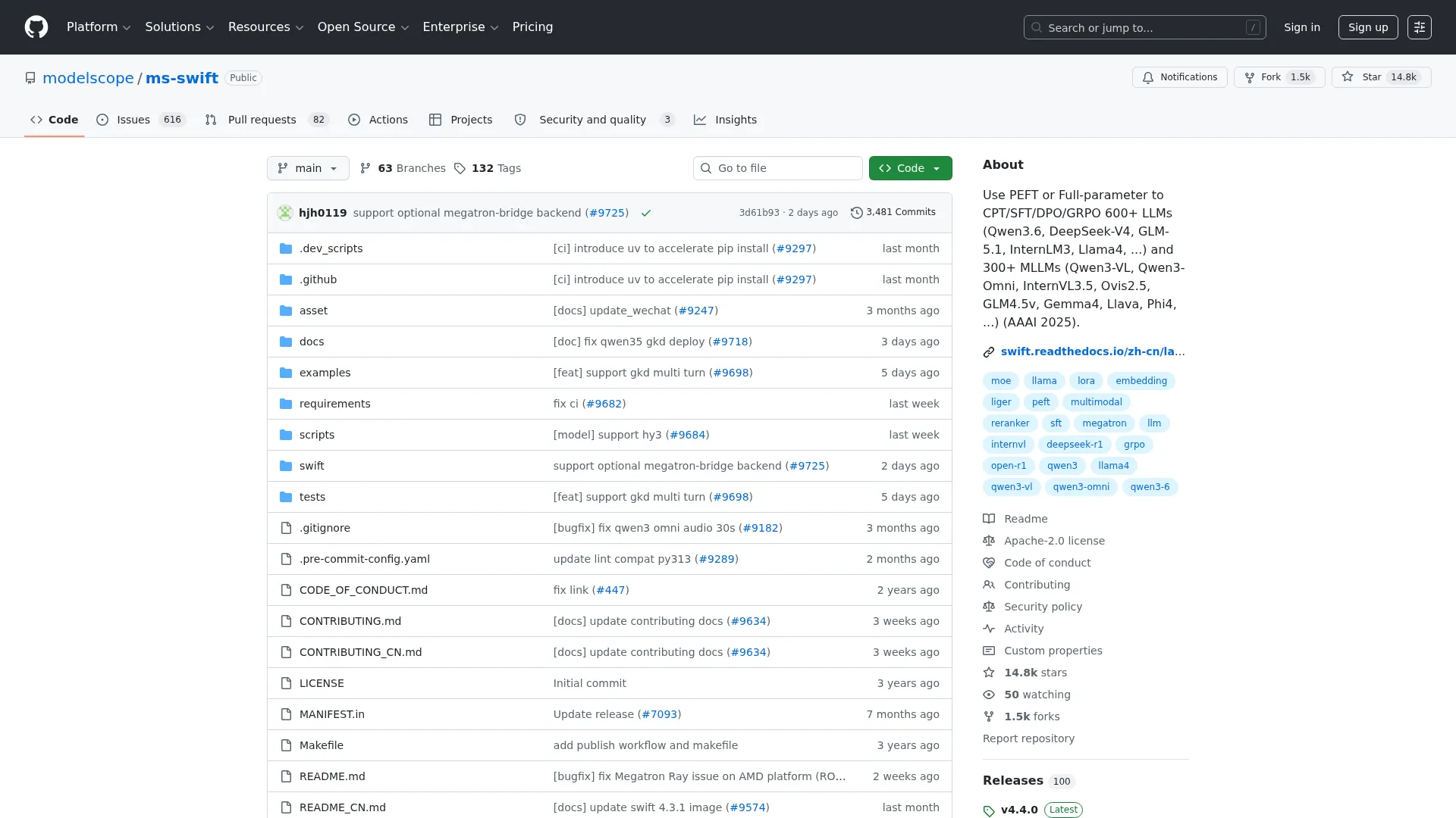 modelscope/ms-swift: Use PEFT or Full-parameter to CPT/SFT/DPO/GRPO 500+ LLMs (Qwen3, Qwen3-MoE, Llama4, GLM4.5, InternLM3, DeepSeek-R1, ...) and 200+ MLLMs (Qwen3-VL, Qwen3-Omni, InternVL3.5, Ovis2.5, Llava, GLM4v, Phi4, ...) (AAAI 2025). screenshot