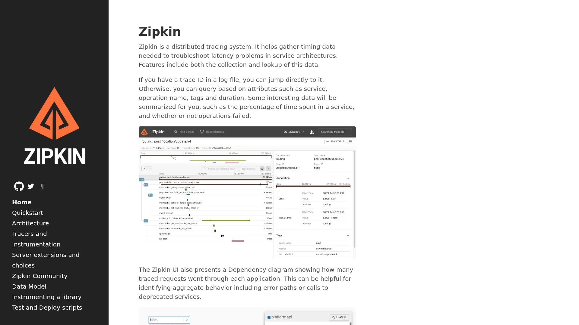OpenZipkin · A distributed tracing system screenshot